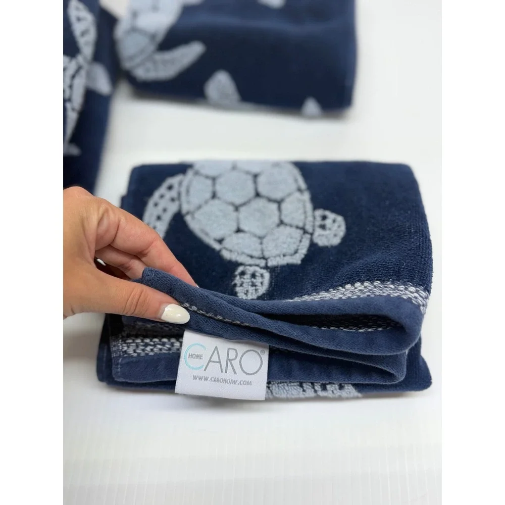Caro Home Towel Set Navy Blue Sea Turtle Coastal Nautical Bathroom Decor 4 Piece